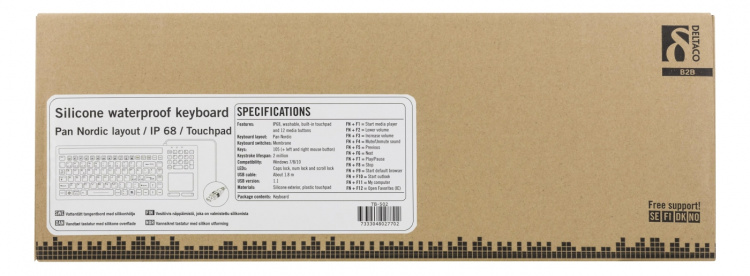 DELTACO vesitiivis näppäimistö, kosketuslevy, valm. silikonista, musta