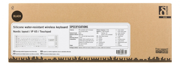 DELTACO langaton näppäimistö kosketuslevyllä, IP65, musta