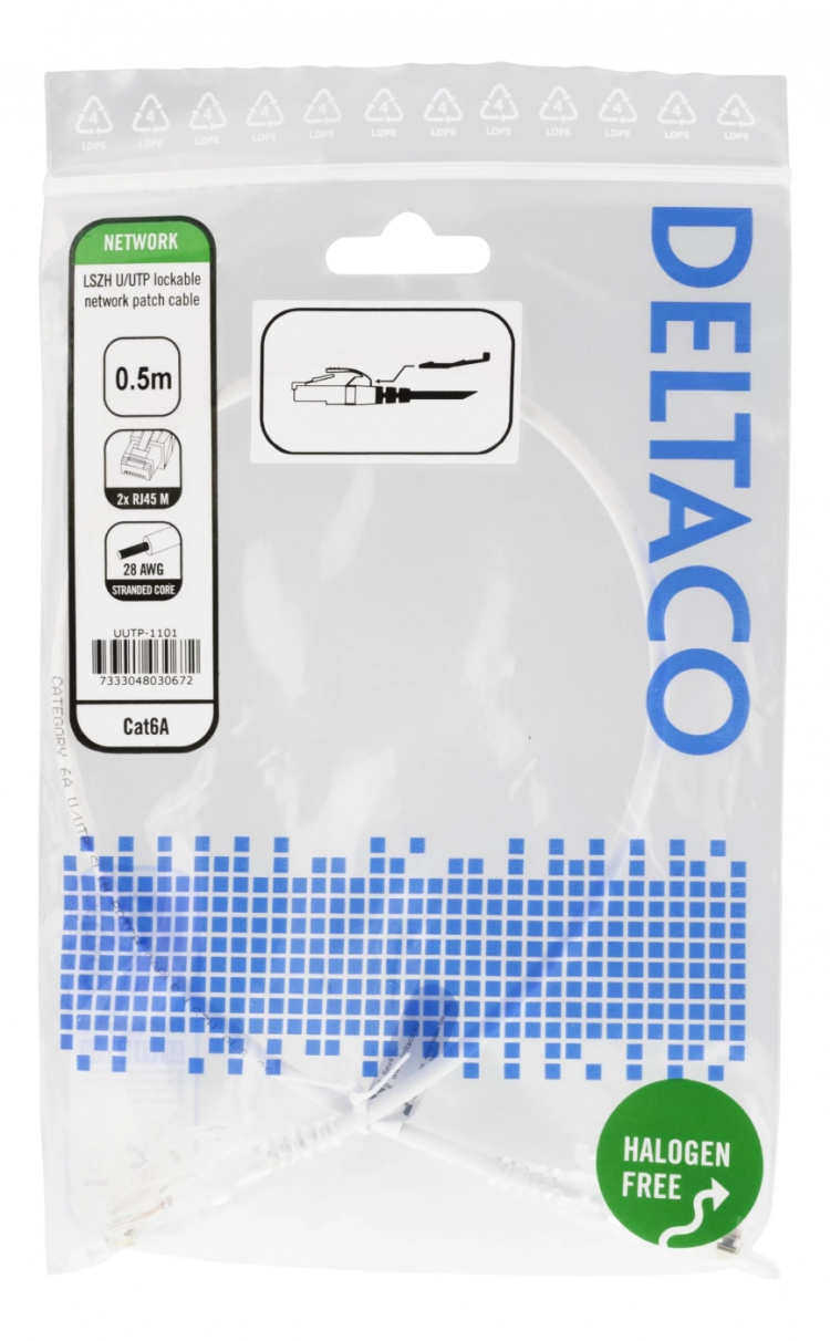 DELTACO U/UTP Cat6a laitekaapeli, 0,5m, 500MHz, lukitt. liitt., valk. DELTACO U/UTP Cat6a laitekaapeli, 0,5m, 500MHz, lukitt. liitt., valk.