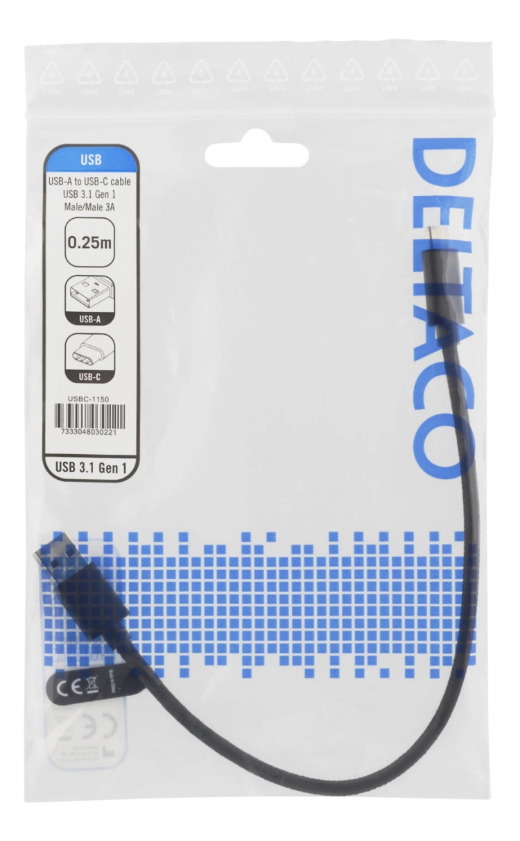 DELTACO USB 3.1 Gen1 USB-A - USB-C, kangaspääll., 0,25m, 3A 60W, musta DELTACO USB 3.1 Gen1 USB-A - USB-C, kangaspääll., 0,25m, 3A 60W, musta