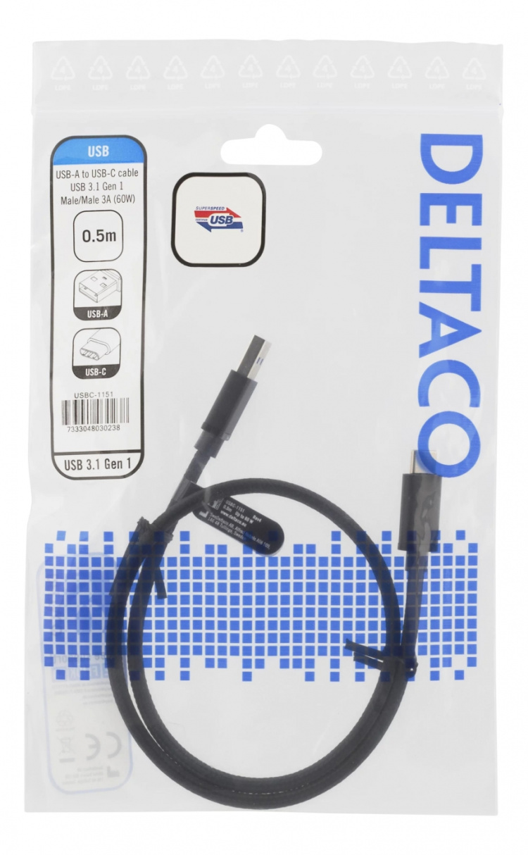 DELTACO USB 3.1 Gen1 USB-A - USB-C, kangaspääll., 0,5m, 3A 60W, musta