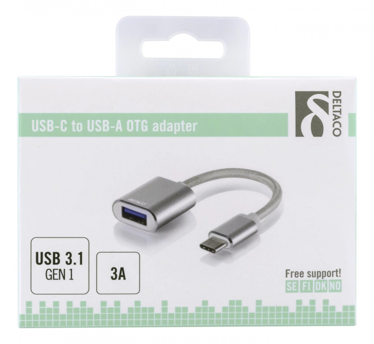 DELTACO sovitin USB-C 3.1 Gen 1 - USB-A OTG, alum., myyntipakk., hopea