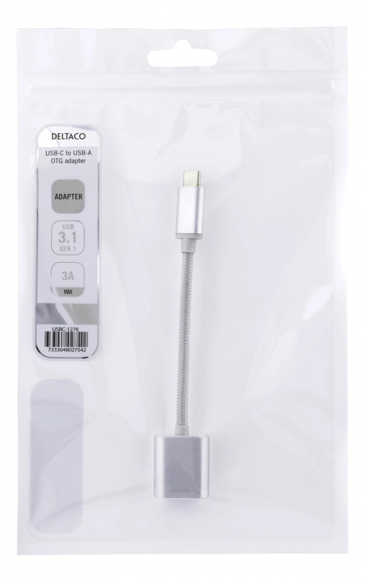 DELTACO sovitin USB-C 3.1 Gen 1 - USB-A OTG, alum., muovipussi, hopea DELTACO sovitin USB-C 3.1 Gen 1 - USB-A OTG, alum., muovipussi, hopea