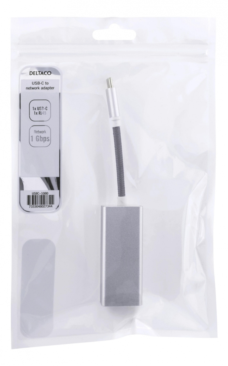 DELTACO USB-C-verkkosovitin, Gigabit, RJ45, muovipussi, hopea DELTACO USB-C-verkkosovitin, Gigabit, RJ45, muovipussi, hopea