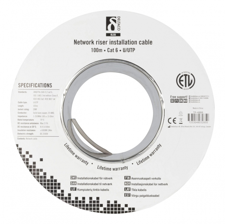 DELTACO U/UTP Cat6 nousukaapeli, 100m, kela, 250MHz, Delta, harm DELTACO U/UTP Cat6 nousukaapeli, 100m, kela, 250MHz, Delta, harm