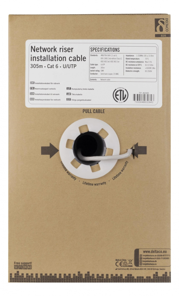 DELTACO U/UTP Cat6 nousukaapeli, 305m, laatikko, 250MHz, Delta, valk. DELTACO U/UTP Cat6 nousukaapeli, 305m, laatikko, 250MHz, Delta, valk.
