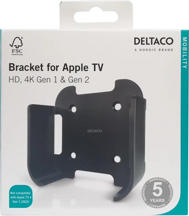 DELTACO seinäkiinnike 1. ja 2. sukupolven Apple TV:lle, musta DELTACO seinäkiinnike 1. ja 2. sukupolven Apple TV:lle, musta