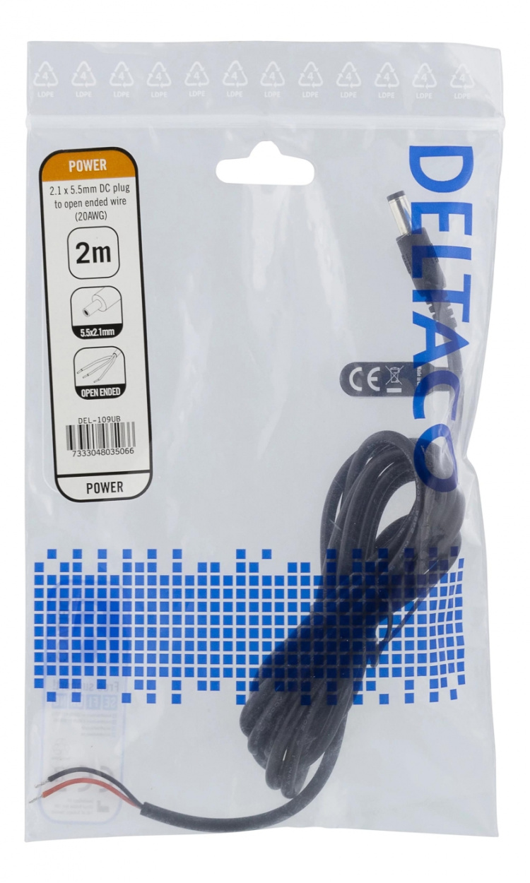 DELTACO laitekaapeli, 5,5mm DC - avoin pää, 2m, 20AWG, musta