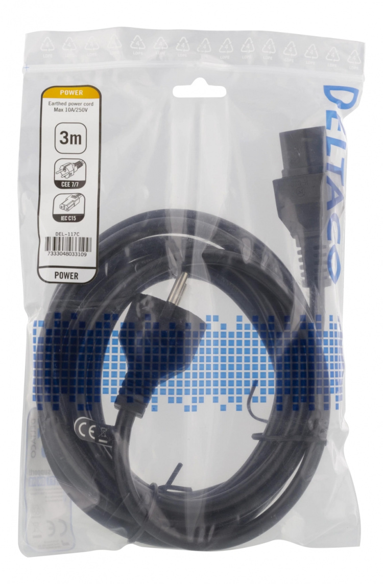 DELTACO maadoitettu kaapeli, 3m, IEC 60320 C15 - CEE 7/7, musta