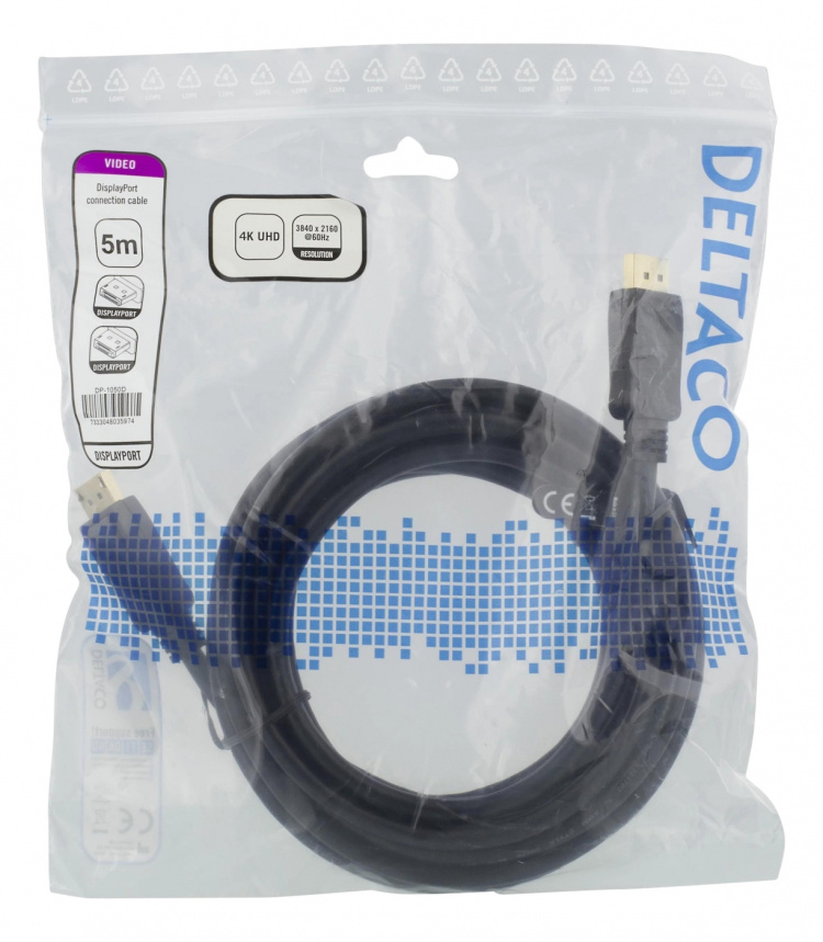 DELTACO DisplayPort-kaapeli, 5m, 4K UHD, DP 1.2, musta