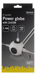DELTACO pyöreä haaroituspistor., 2xUSB-A 5V 2,1A, 4xCEE 7/4, 1xCEE 7/7