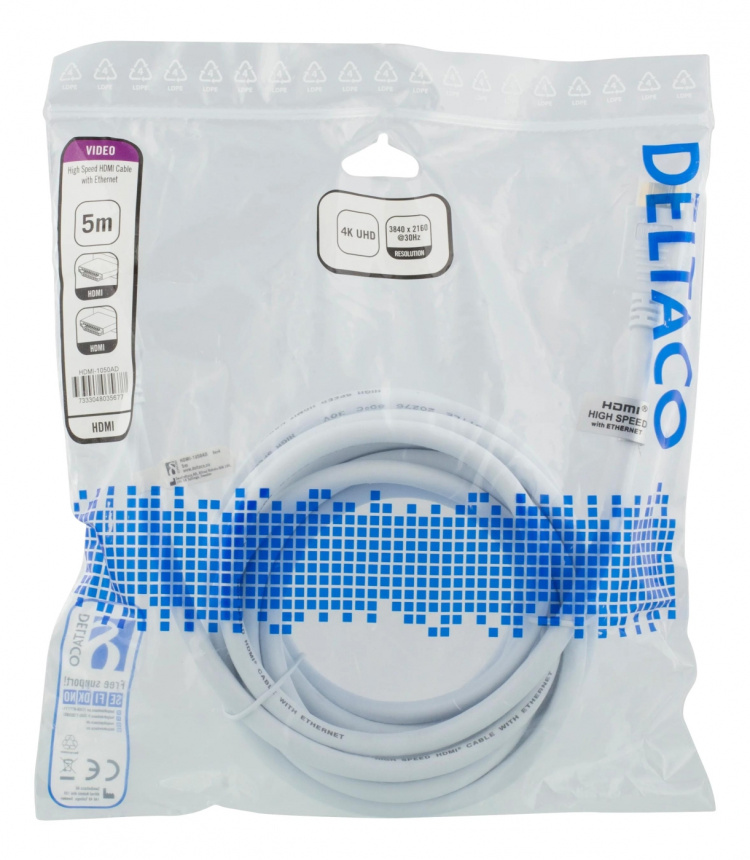 DELTACO High-Speed HDMI -kaapeli, 5m, Ethernet, 4K UHD, valk.