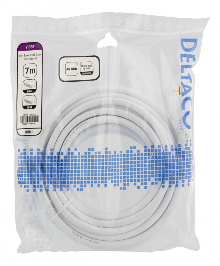 DELTACO High-Speed HDMI -kaapeli, 7m, Ethernet, 4K UHD, valk.