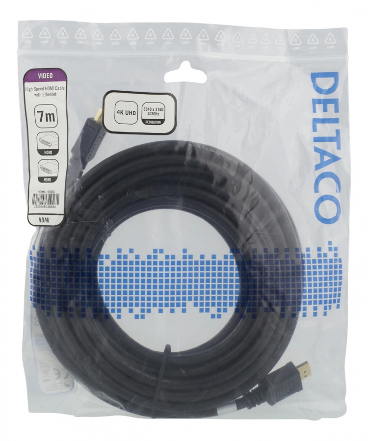 DELTACO High-Speed HDMI -kaapeli, 7m, Ethernet, 4K UHD, musta