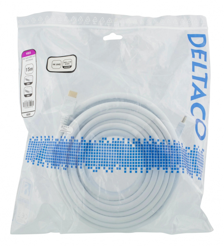 DELTACO High-Speed HDMI -kaapeli, 15m, Ethernet, 4K UHD, valk.
