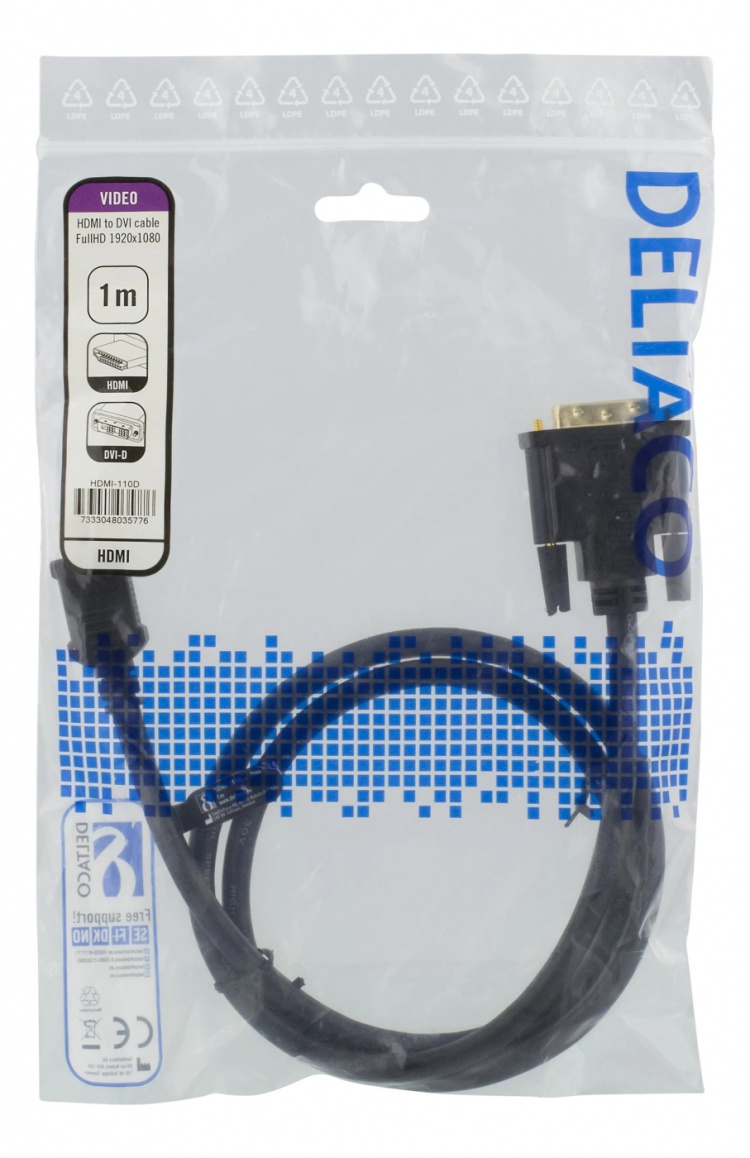 DELTACO HDMI - DVI-kaapeli, 1m, Full HD, musta