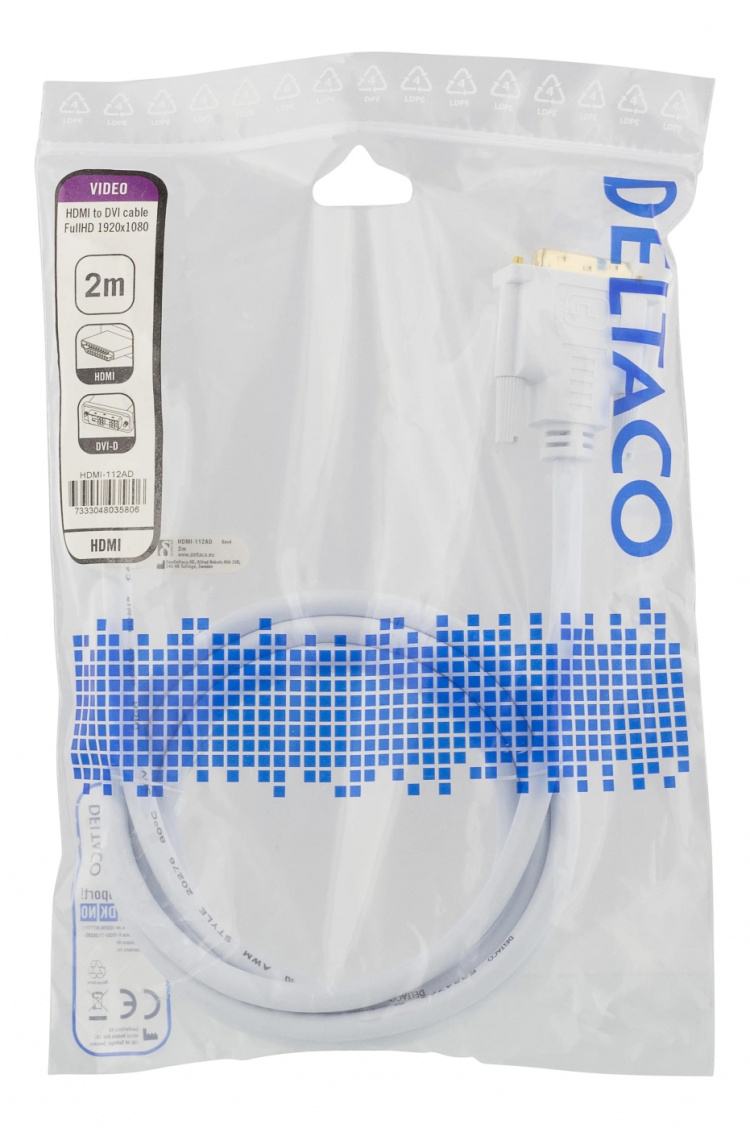 DELTACO HDMI - DVI-kaapeli, 2m, Full HD, valkoinen