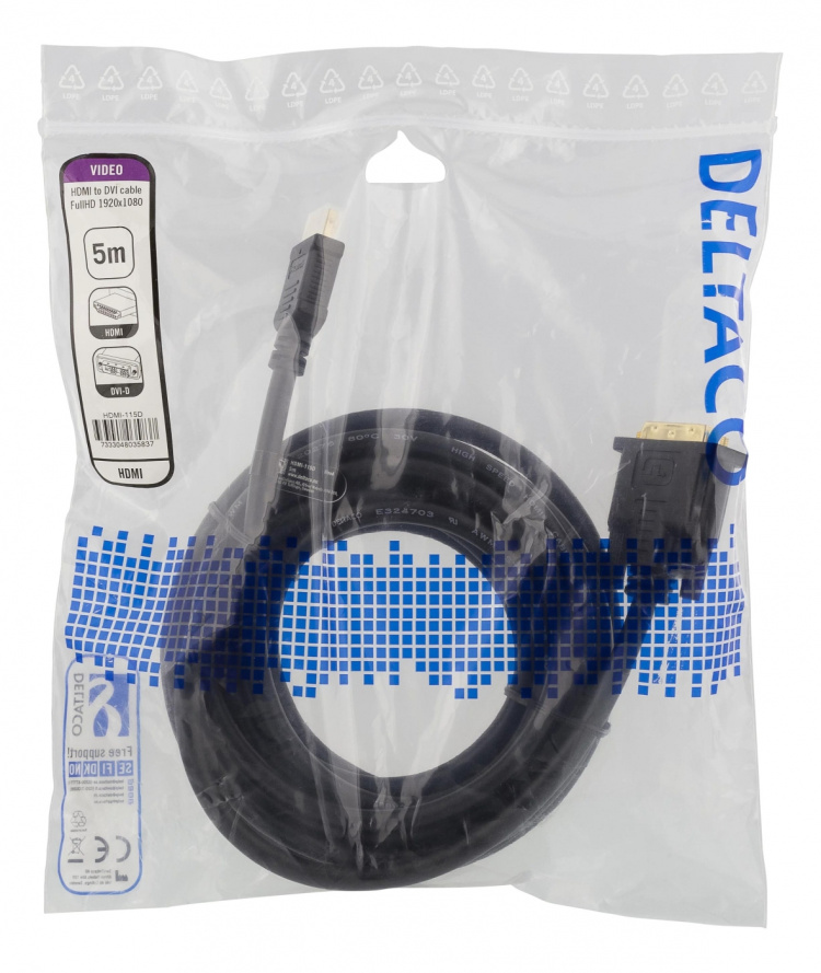 DELTACO HDMI - DVI-kaapeli, 5m, Full HD, musta