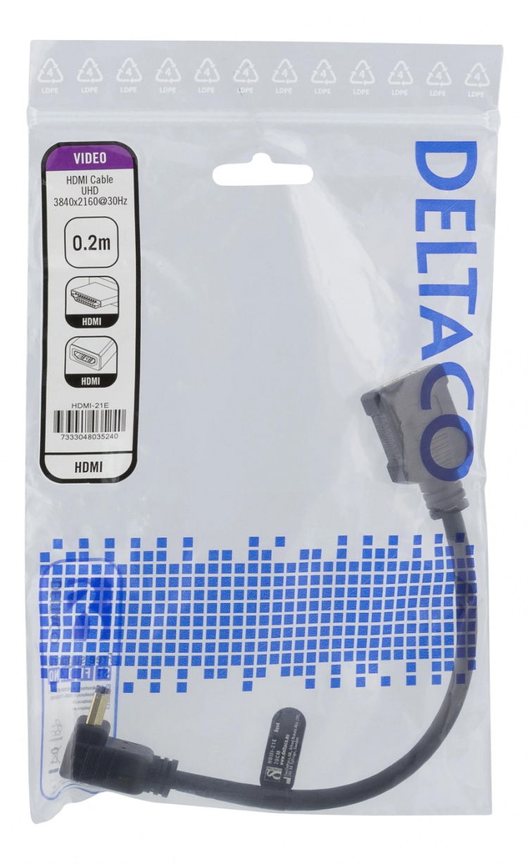 DELTACO HDMI-sovitin, 0,2m, taipuisa, lovitet. alapuolelta, UHD, musta DELTACO HDMI-sovitin, 0,2m, taipuisa, lovitet. alapuolelta, UHD, musta