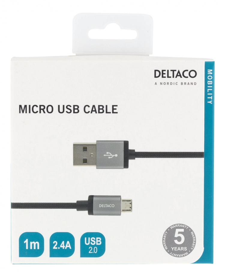 DELTACO USB-kaapeli, kangaspääll., Type A ur - Type Micro B, 1m, musta DELTACO USB-kaapeli, kangaspääll., Type A ur - Type Micro B, 1m, musta