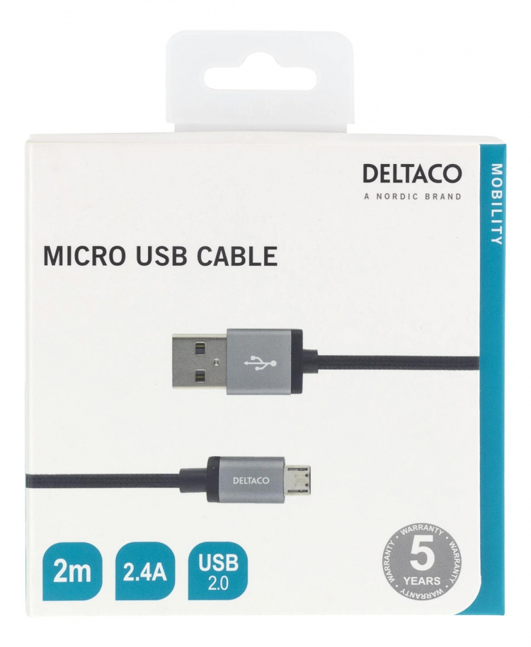 DELTACO USB-kaapeli, kangaspääll., Type A ur - Type Micro B, 2m, musta DELTACO USB-kaapeli, kangaspääll., Type A ur - Type Micro B, 2m, musta