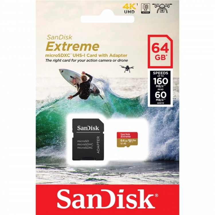 SANDISK MicroSDXC Extreme 64GB 160MB/s A2 C10 V30 UHS-I U3