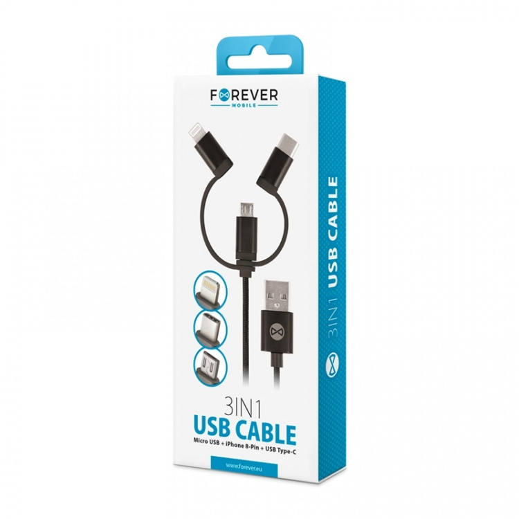 Forever 3in1 nailon microUSB + Lightning + USB type-C Musta Forever 3in1 nailon microUSB + Lightning + USB type-C Musta