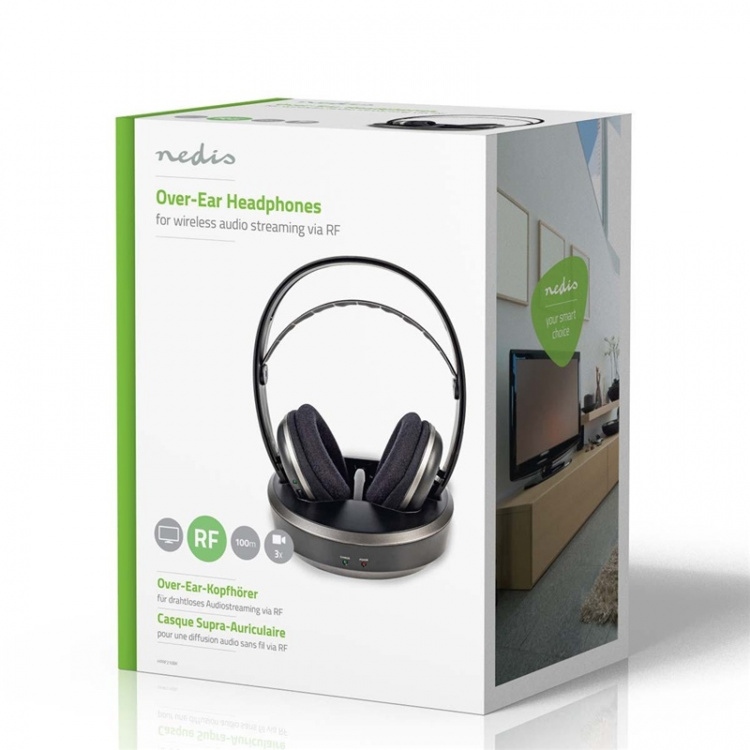Nedis Langattomat TV-kuulokkeet | RF, frequency 868 Mhz | Over-Ear-kuulokkeet | Akun 1 käyttöaika vakiokäyttö: 660 min | 100 m | Digitaalinen Audio | Lataustelakka | Hopea / Musta