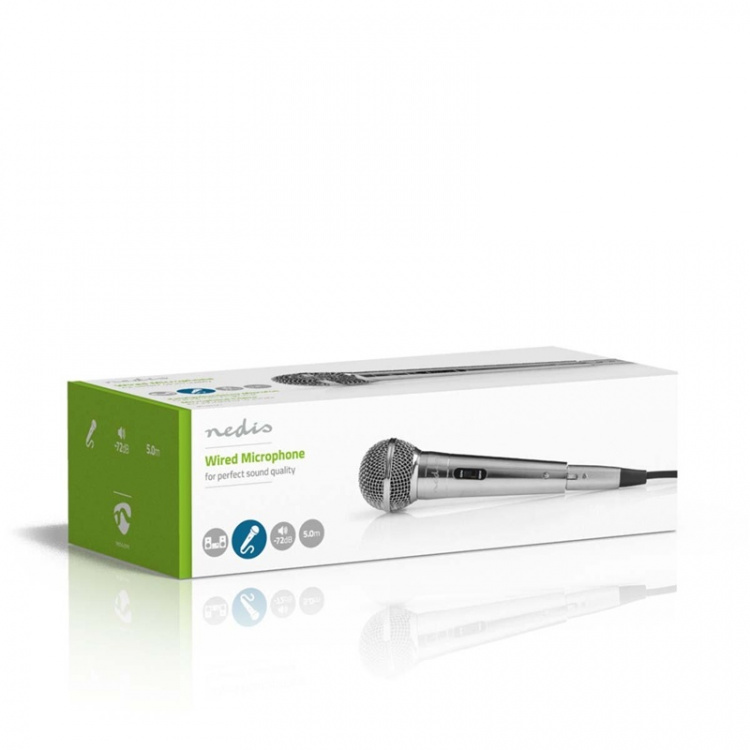 Nedis Mikrofoni | Kardioidi | Irroitettava kaapeli | 5.00 m | 80 Hz - 13 kHz | 600 Ohm | -72 dB | On/off-kytkin | Metalli | Hopea