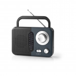 Nedis FM-radio | Kannettava malli | FM | Paristokäyttöinen / Verkkovirtakäyttöinen | Analoginen | 2.4 W | Mustavalkoinen näyttö | Kuulokkeiden lähtöliitäntä | IP20 | Kahva | Harmaa / Musta