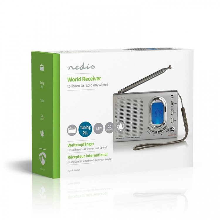 Nedis Maailmaradio | Kannettava malli | AM / FM / SW | Paristokäyttöinen / Verkkovirtakäyttöinen | Digitaalinen | 1.5 W | Kuulokkeiden lähtöliitäntä | Herätyskello | Uniajastus | Harmaa Nedis Maailmaradio | Kannettava malli | AM / FM / SW | Paristokäyttöinen / Verkkovirtakäyttöinen | Digitaalinen | 1.5 W | Kuulokkeiden lähtöliitäntä | Herätyskello | Uniajastus | Harmaa