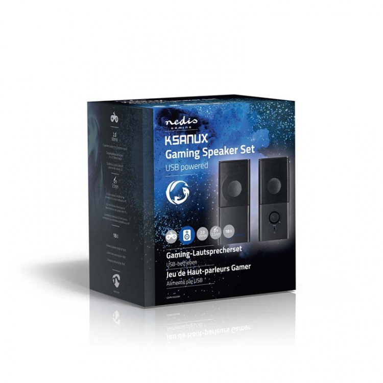 Nedis Pelikaiutin | Kaiutinkanavat: 2.0 | USB Virta | 3.5 mm uros | 18 W | Ei valaistusta | Äänenvoimakkuuden Säätö | Audio- / video- / datayhteyksien ulostulo: 1x 3.5 mm Audio Out