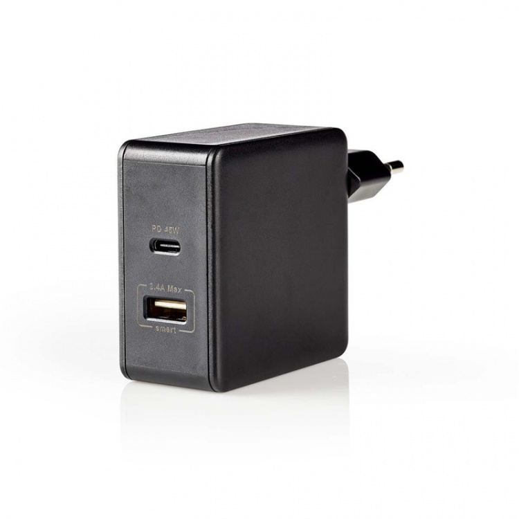 Nedis Seinälaturi | 57 W | PD3.0 45W | Pikalataus-toiminto | 2.25 A / 2.4 / 3.0 A | Lähtöliitäntöjen määrä: 2 | USB-A / USB-C™ | Kaapeli ei sisälly | Automaattinen Jännitteen Valinta | Musta