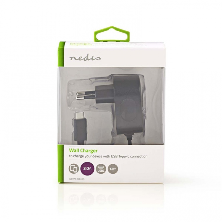 Nedis Seinälaturi | 15 W | Pikalataus-toiminto | 1x 3.0 A | Lähtöliitäntöjen määrä: 1 | USB-C™ (kiinteä) Kaapeli | 1.50 m | Single Voltage Output | Musta