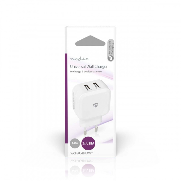 Nedis Seinälaturi | 24 W | Pikalataus-toiminto | 2x 2.4 A A | Lähtöliitäntöjen määrä: 2 | 2x USB-A | Kaapeli ei sisälly | Single Voltage Output | Valkoinen