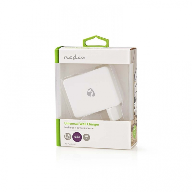 Nedis Seinälaturi | 24 W | Pikalataus-toiminto | 4x 2.4 A | Lähtöliitäntöjen määrä: 4 | 4x USB-A | Kaapeli ei sisälly | Single Voltage Output | Valkoinen