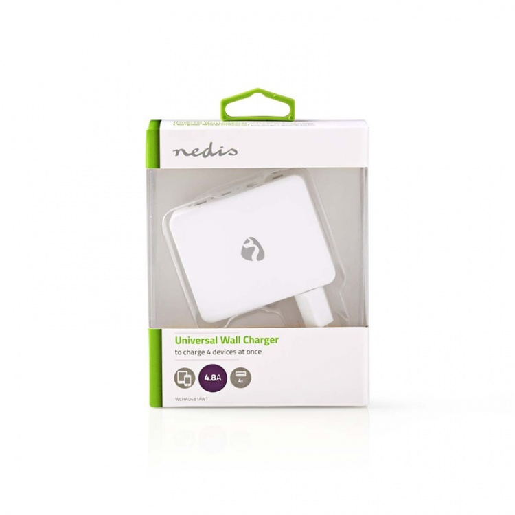 Nedis Seinälaturi | 24 W | Pikalataus-toiminto | 4x 2.4 A | Lähtöliitäntöjen määrä: 4 | 4x USB-A | Kaapeli ei sisälly | Single Voltage Output | Valkoinen