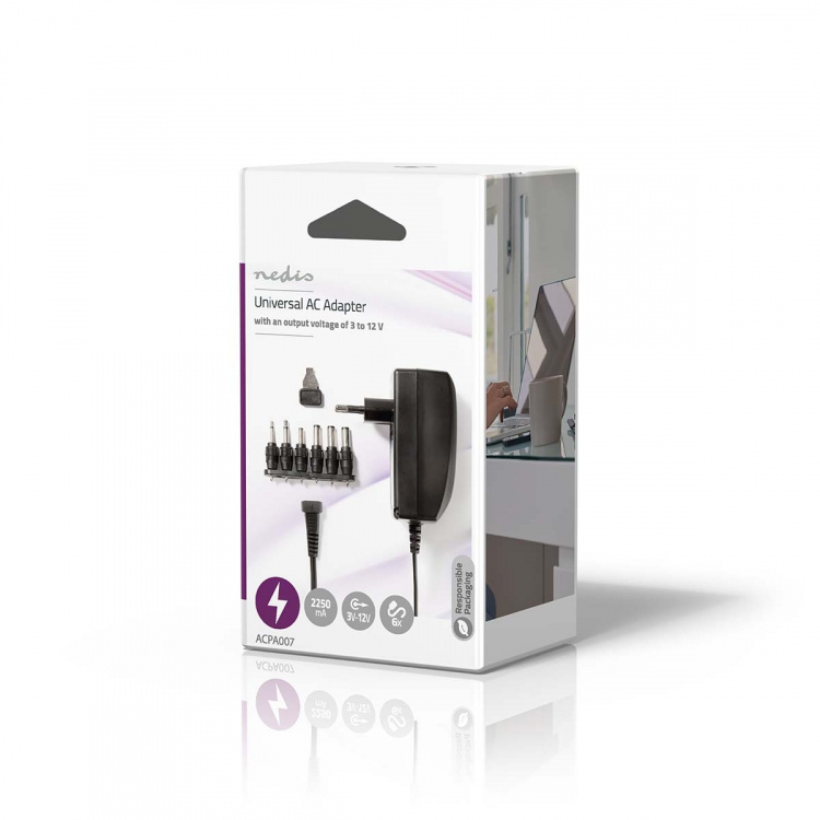 Nedis AC Yleisvirtalähde | 27 W | 3 - 12 V DC | 1.80 m | 2.25 A A | 6 plug(s) | Musta