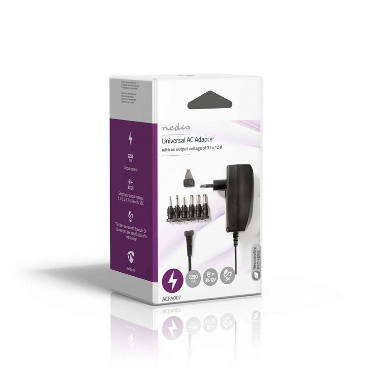 Nedis AC Yleisvirtalähde | 27 W | 3 - 12 V DC | 1.80 m | 2.25 A A | 6 plug(s) | Musta