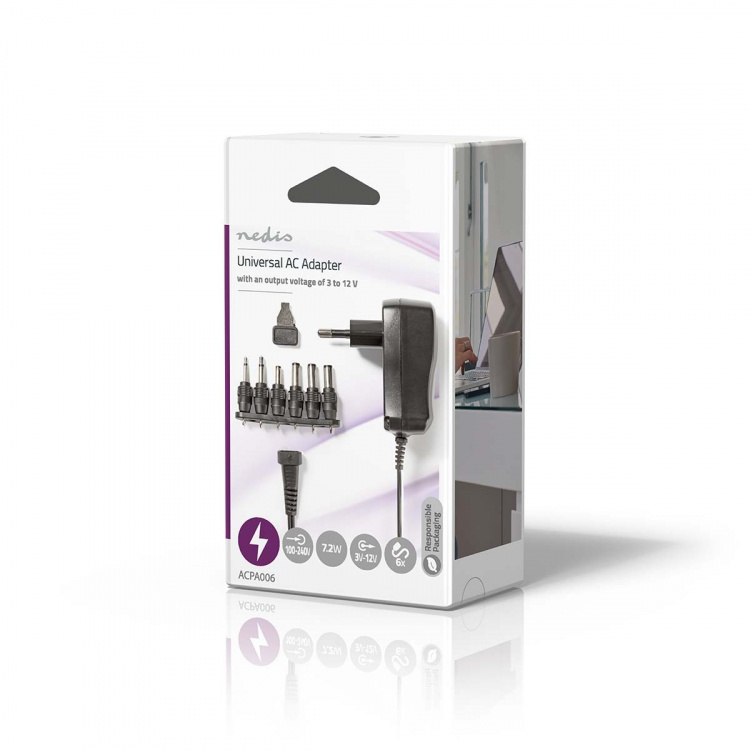 Nedis AC Yleisvirtalähde | 7.20 W | 3 - 12 V DC | 1.80 m | 1.0 A A | 6 plug(s) | Musta