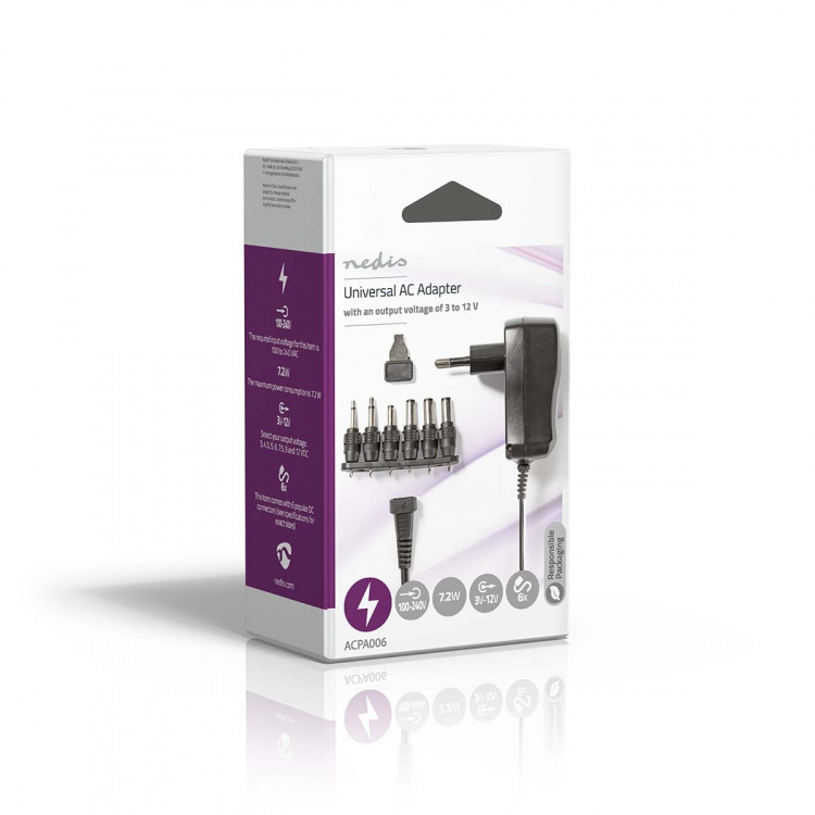 Nedis AC Yleisvirtalähde | 7.20 W | 3 - 12 V DC | 1.80 m | 1.0 A A | 6 plug(s) | Musta