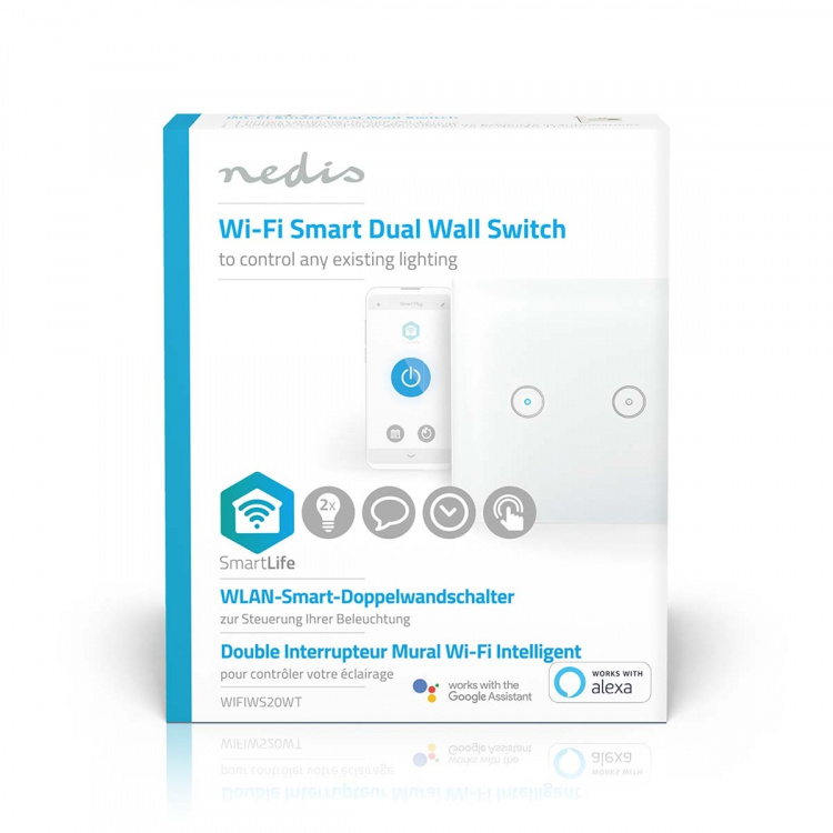 Nedis SmartLife Seinäkytkin | kaksois | Seinäkiinnitys | 1000 W | Android™ / IOS | Lasi | Valkoinen Nedis SmartLife Seinäkytkin | kaksois | Seinäkiinnitys | 1000 W | Android™ / IOS | Lasi | Valkoinen