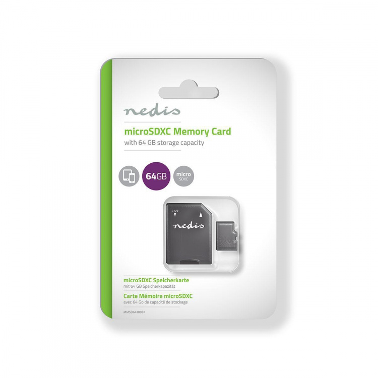 Nedis microSD-muistikortti | microSDXC | 64 GB | Kirjoitusnopeus: 50 MB/s | Lukunopeus: 100 MB/s | UHS-I | SD adapteri sisältyy Nedis microSD-muistikortti | microSDXC | 64 GB | Kirjoitusnopeus: 50 MB/s | Lukunopeus: 100 MB/s | UHS-I | SD adapteri sisältyy