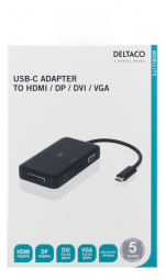 DELTACO sovitin USB-C - HDMI/DP/DVI/VGA, 4K, DP Alt Mode, musta DELTACO sovitin USB-C - HDMI/DP/DVI/VGA, 4K, DP Alt Mode, musta