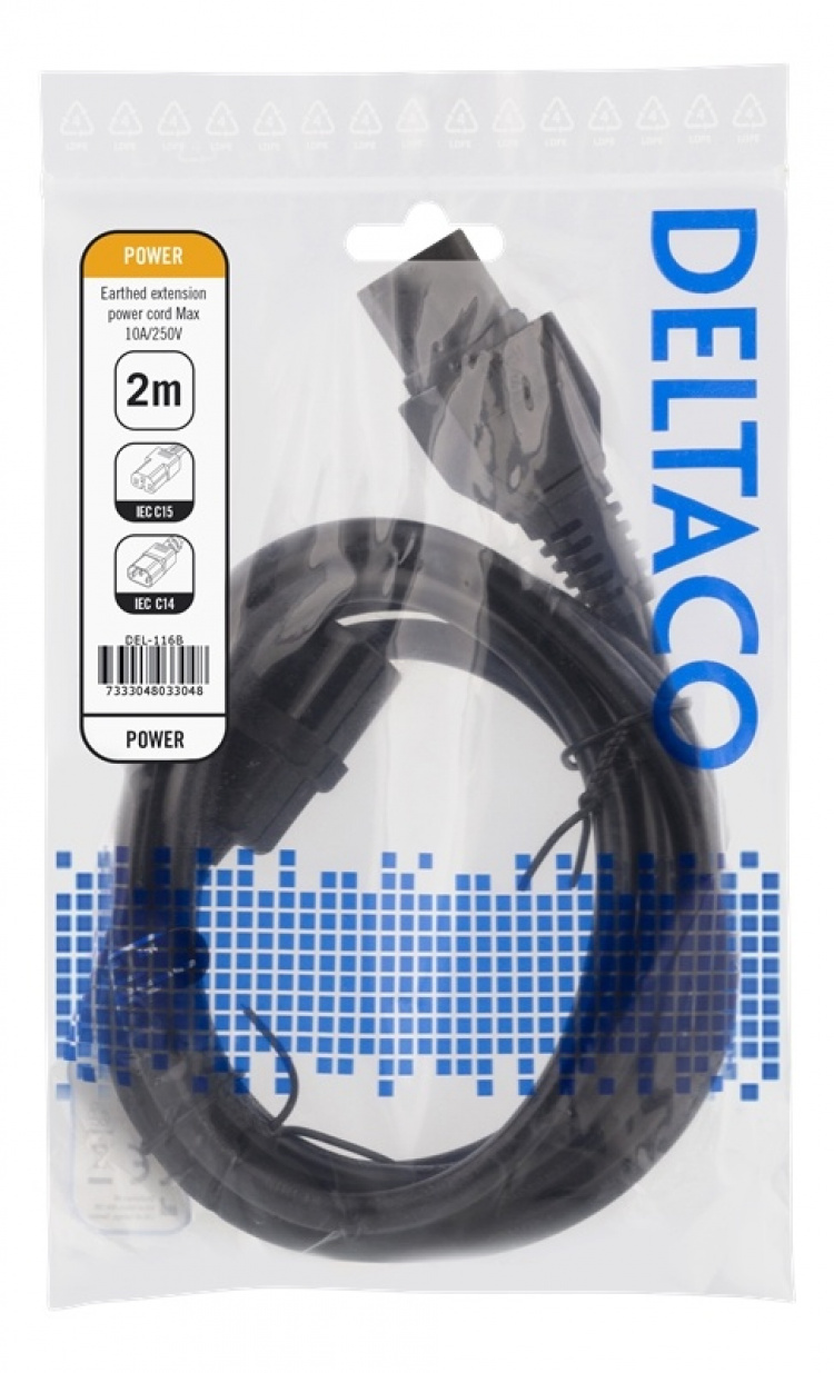 DELTACO maad. kaapeli, 2m, IEC60320 C15 - IEC6320 C14, 250V/10A, musta DELTACO maad. kaapeli, 2m, IEC60320 C15 - IEC6320 C14, 250V/10A, musta