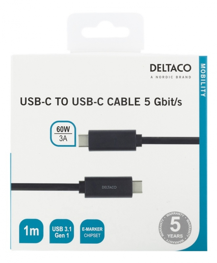 DELTACO USB-C-kaapeli, 1m, 3A, USB 3.1 Gen 1, E-Marker, musta