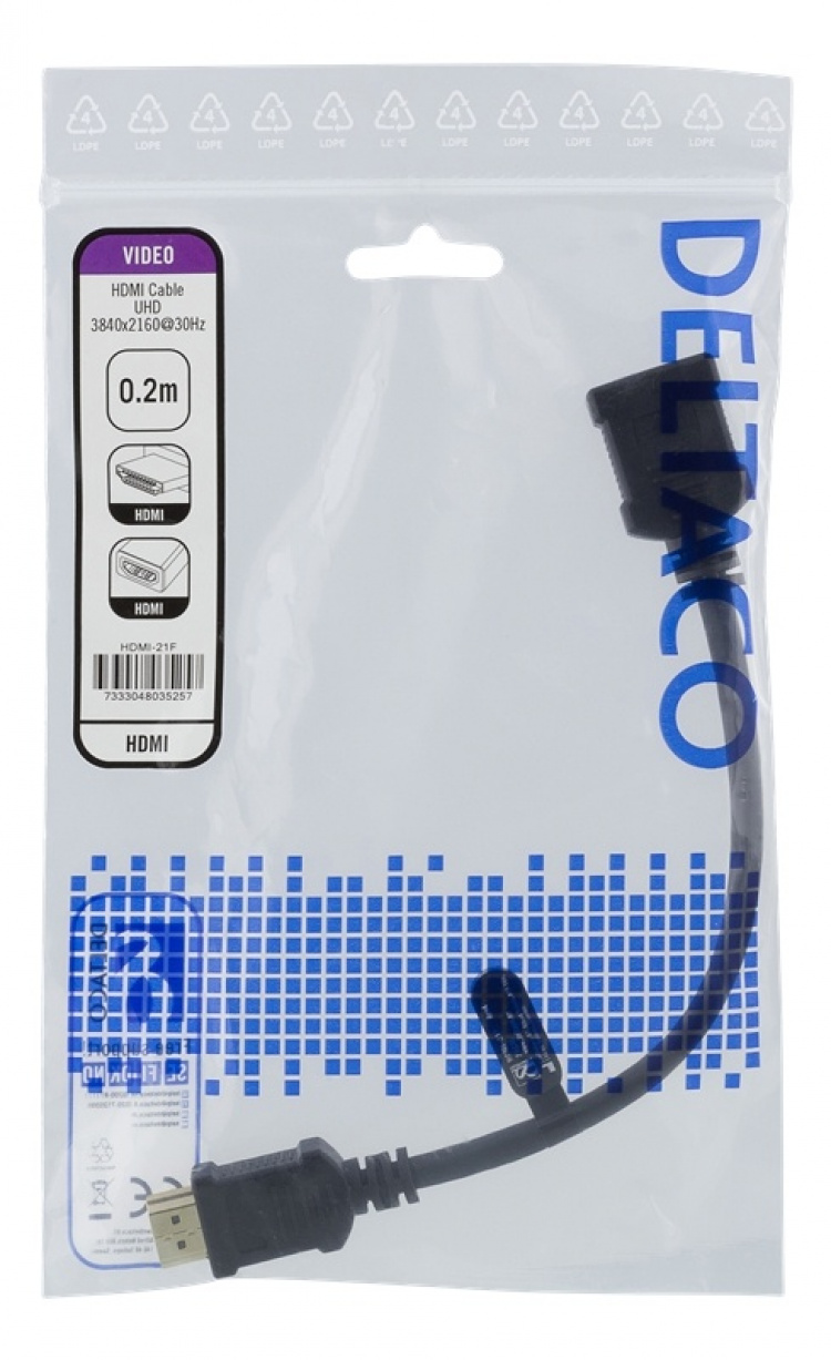 DELTACO HDMI-sovitin, 0,2m, taipuisa, uros - naaras, UHD, musta