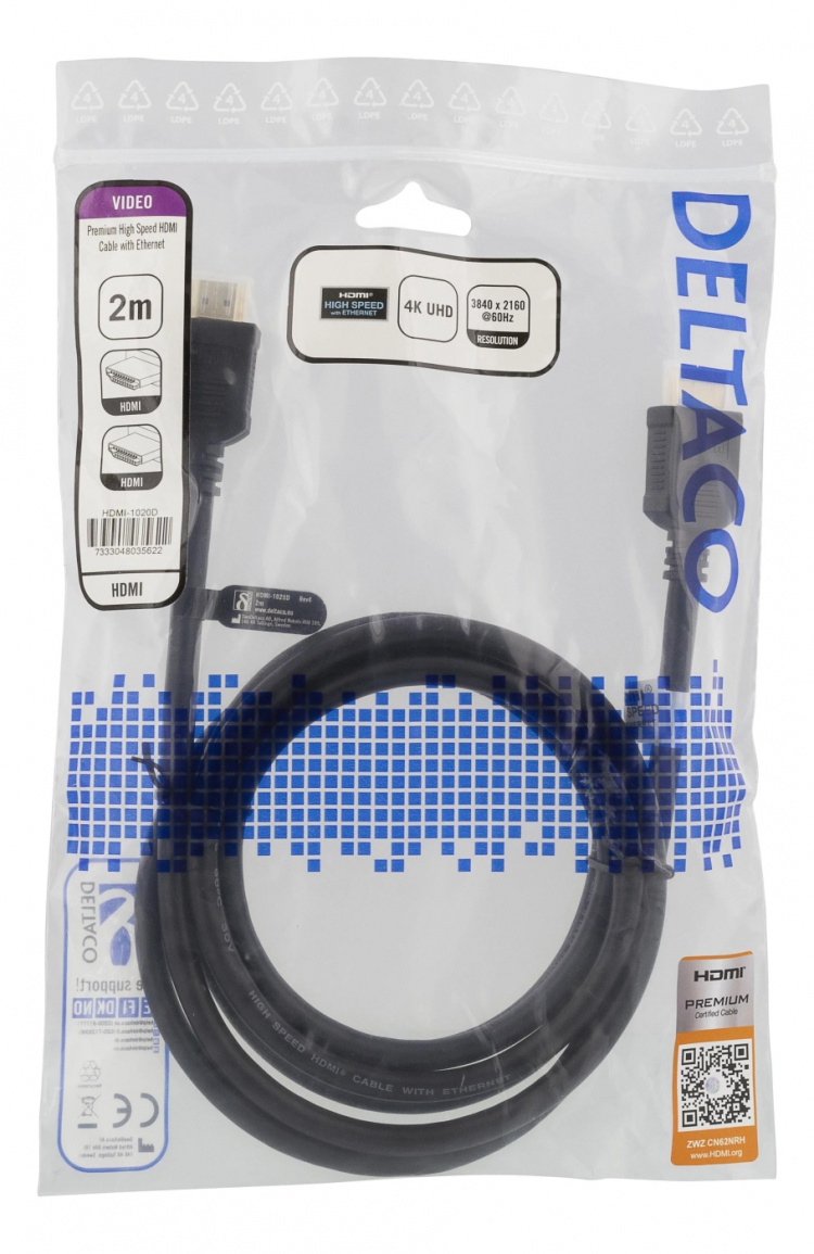 DELTACO High-Speed Premium HDMI -kaapeli, 2m, Ethernet, 4K UHD, musta DELTACO High-Speed Premium HDMI -kaapeli, 2m, Ethernet, 4K UHD, musta