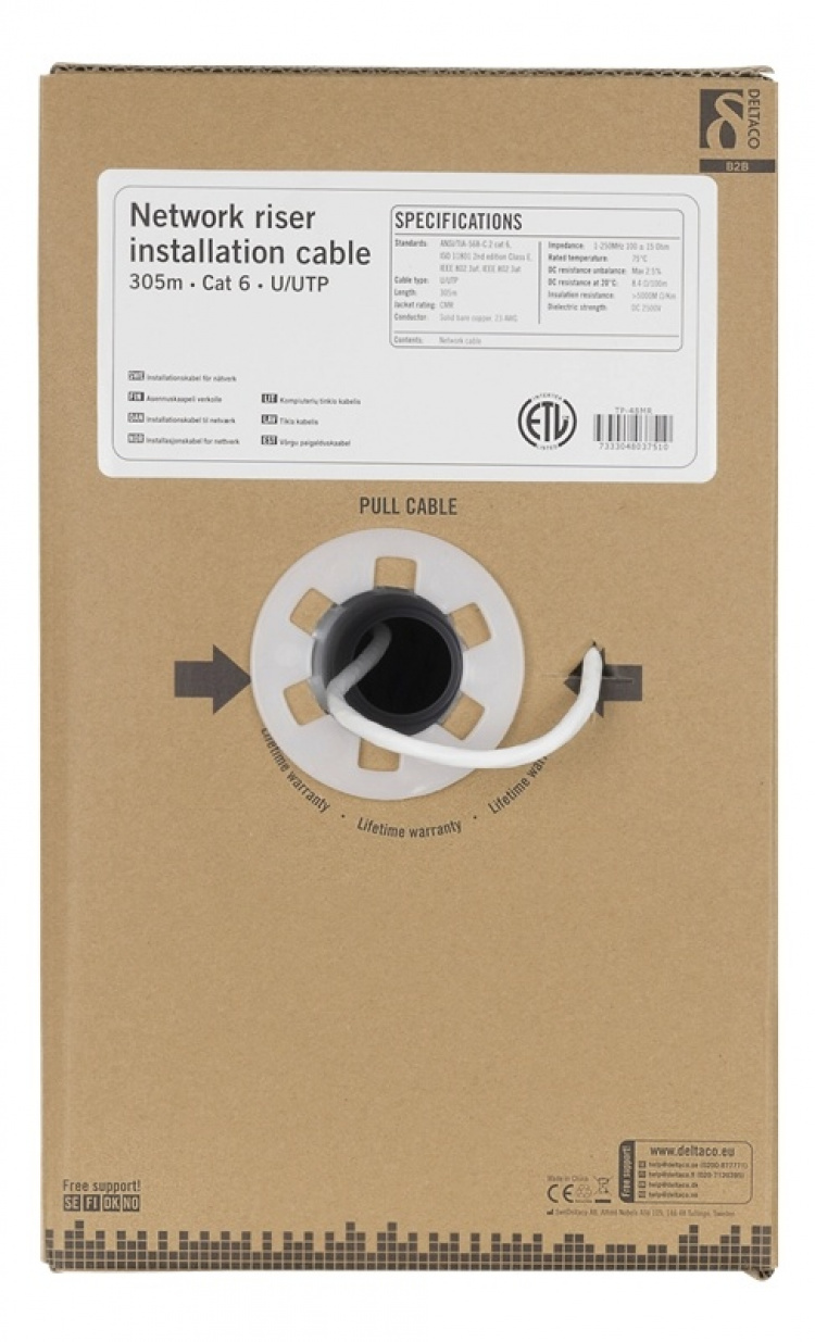 DELTACO U/UTP Cat6 nousukaapeli, 305m, laatikko, 250MHz, Delta, valk. DELTACO U/UTP Cat6 nousukaapeli, 305m, laatikko, 250MHz, Delta, valk.