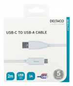 DELTACO USB-C - USB-A-kaapeli, 2m, 3A, USB 2.0, valkoinen